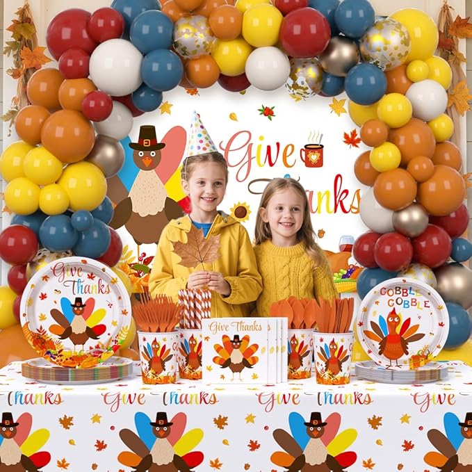 295 Pcs Turkey Thanksgiving Decorations Autumn Disposable Dinnerware Decorations Includes Plates, Cup, Napkin, Tablecloth, Give thanks Themed Balloons Disposable Tableware Serve 24 Guests