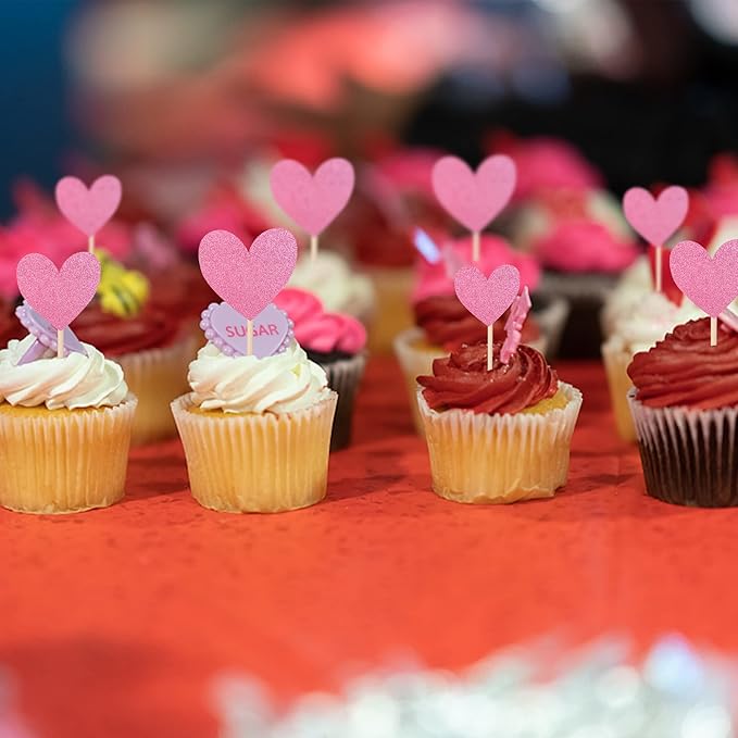 30 PCS Heart Cupcake Toppers Glitter Sweet Love Theme Cupcake Picks Wedding Engagement Bridal Shower Birthday Valentine's Day Party Cake Decorations Supplies Mixed Size Pink