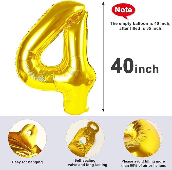 40 Inch Large Numbers Balloon, 4 Gold Ballon for 4th 14 40 44 Birthday Party, Balloon 4 Number for Graduations Wedding Supplies