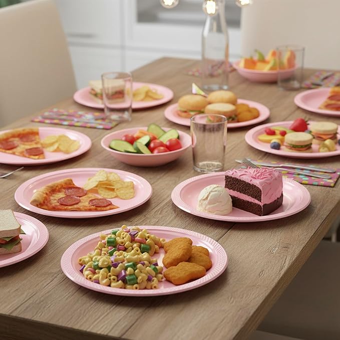 Pink Plastic Plates for Party,Disposable Tableware Kit for Birthday Wedding Baby Shower,50Set