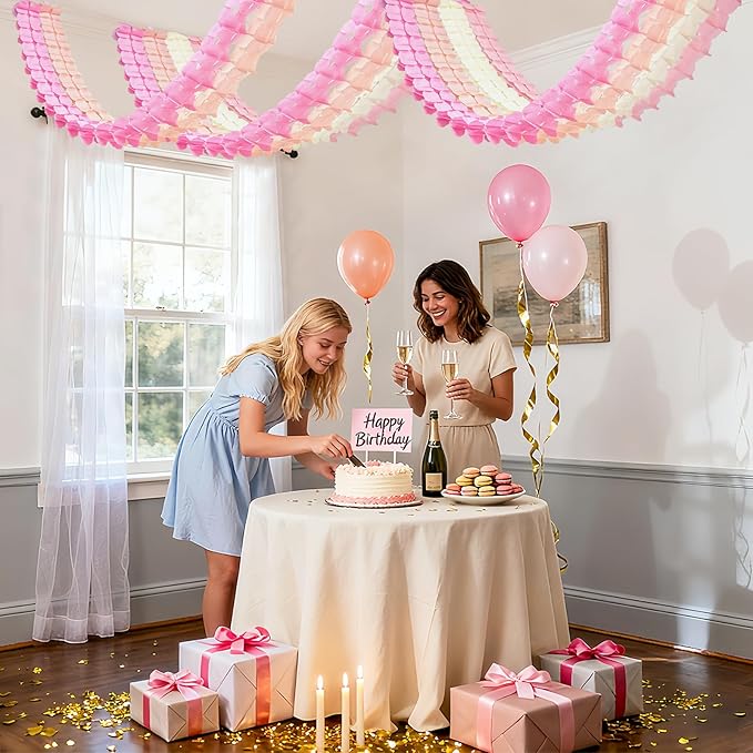 12Pcs Pink Party Decorations Kit, Hanging Cream Peach and Pink Paper Streamers Garland for Girls Women Baby Bridal Shower Wedding Graduation Birthday Galentines Day Valentines Day Decorations