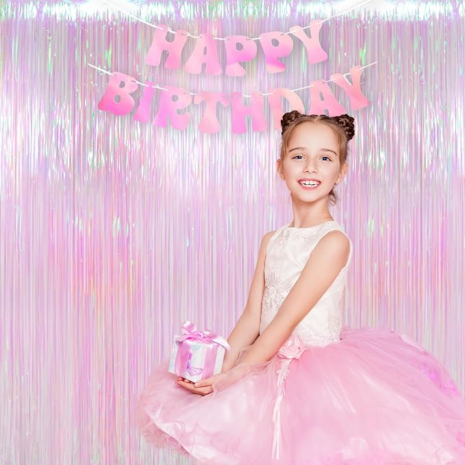 Melsan Transparent Backdrop Curtain, 3.28 x 8ft Extra Long Clear Foil Fringe Curtain with Extra Backup Tape, Soft Shimmer Party Decoration for Baby Shower, Candy Theme & Photo Booth, 2 Pack