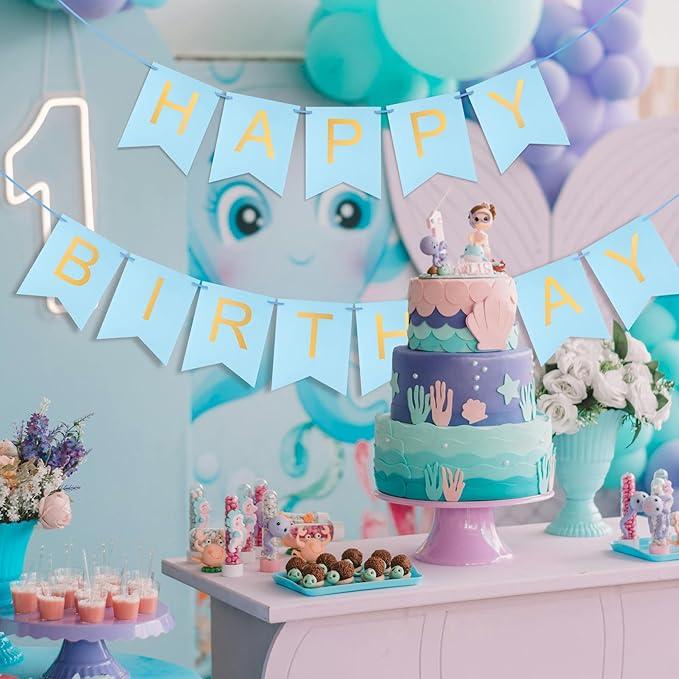 Blue Happy Birthday Banner - Light Blue Hanging Backdrop Sign with Gold Letters, Happy Birthday Sign Bunting Decorations for Women men Kids Baby Shower Party Supplies (13pcs)