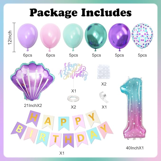 1st Mermaid Birthday Decorations for Girls,First Party Decorations Metallic Purple Green Pink Blue Latex Balloons Number 1 Seashell Foil Balloons Banner Cake Topper Sea Party Decor
