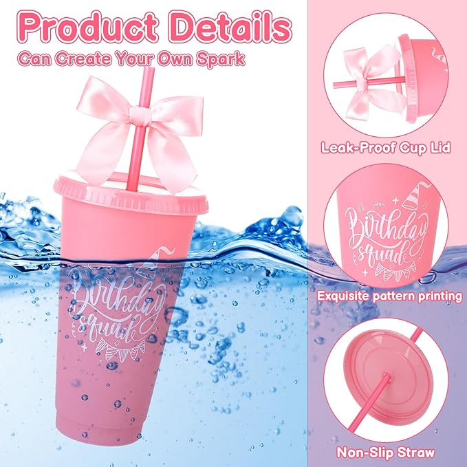 12 Pcs Birthday Party Tumblers, 24 oz Reusable Plastic Cups with Lids and Straws and Bows for Birthday Decorations Party Favor