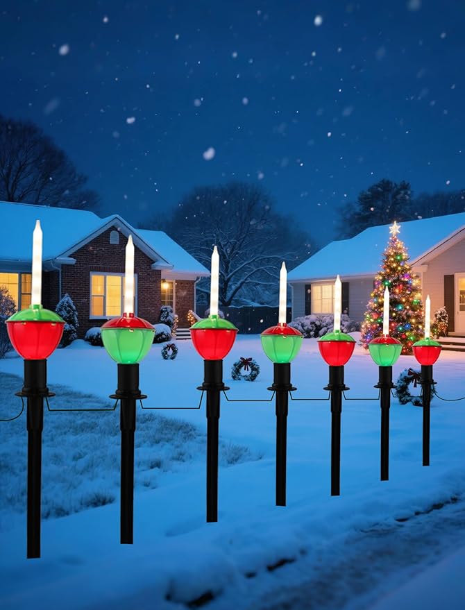 7 Pack Enchanting Christmas Pathway Lights, Whimsical Peppermint Candy Cane Bubbling Yard Stakes, Connectable Outdoor Walkway Lights for Holiday Yard, Sidewalk & Driveway Decor