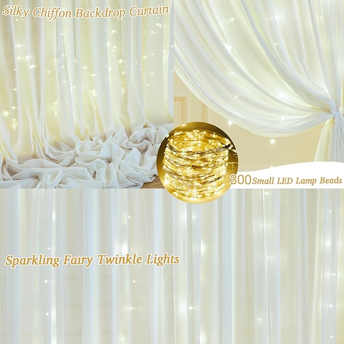 10x10ft Ivory White Chiffon Backdrop Curtain with Lights String for Wedding Sheer Tulle Curtain Photo Backdrops Drapes for Baby Shower Birthday Party Home Ceremony Decorations