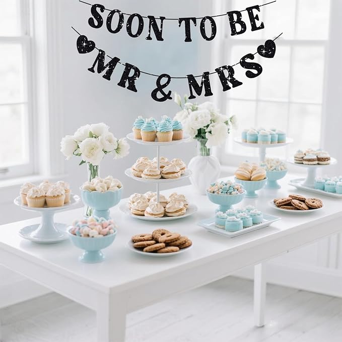 Soon To Be Mr & Mrs Sign, Bridal Shower Banner, Pre-Strung Black Glitter Wedding Shower Decorations, Couples Shower Decorations for Mantle Hanging Sign Engagement Banner