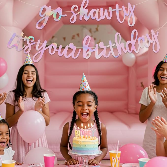 BEISHIDA Go Shawty It's Your Birthday Banner NO DIY Hip Hop Theme Happy Birthday Banner Pre-Strung Rap Theme Happy Birthday Sign for Man Women birthday Party Supply Double-Sided Rainbow Pink