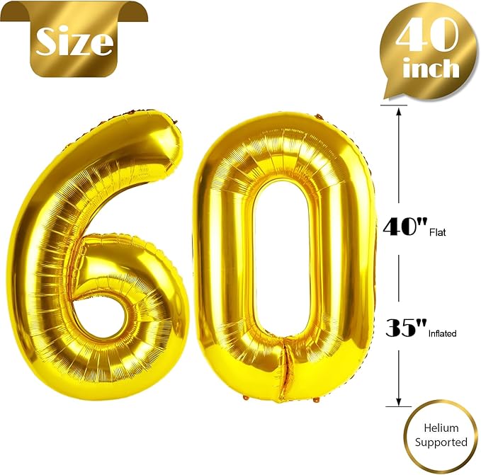 60 Balloon Number, Gold Number 60th Birthday Balloons 40 Inch, 60 Years Old Gold Birthday Decorations for Men Women, 60th Anniversary Decorations