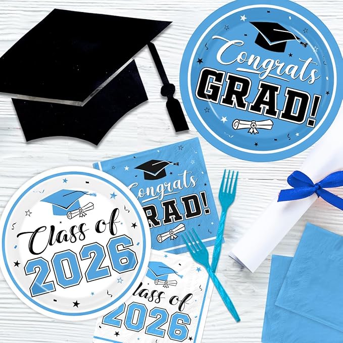 Light Blue Graduation Plates and Napkins Class of 2026 Grad Congrats Party Supplies Disposable Dessert Paper Plates Cocktail Napkins for Sky Blue Graduation Party Decorations,Serve 50