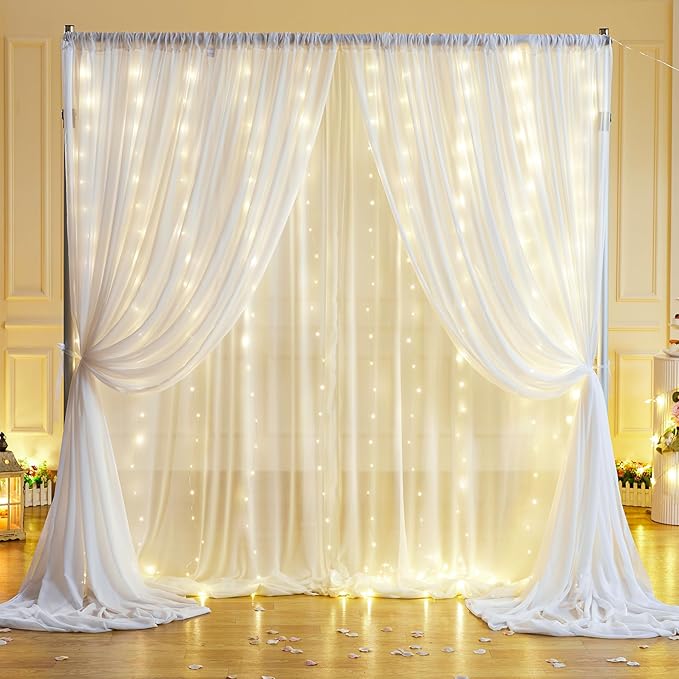 10x10ft White Chiffon Backdrop Curtain with Lights String for Wedding Sheer Tulle Curtain Photo Backdrops Drapes for Baby Shower Birthday Party Home Ceremony Decorations