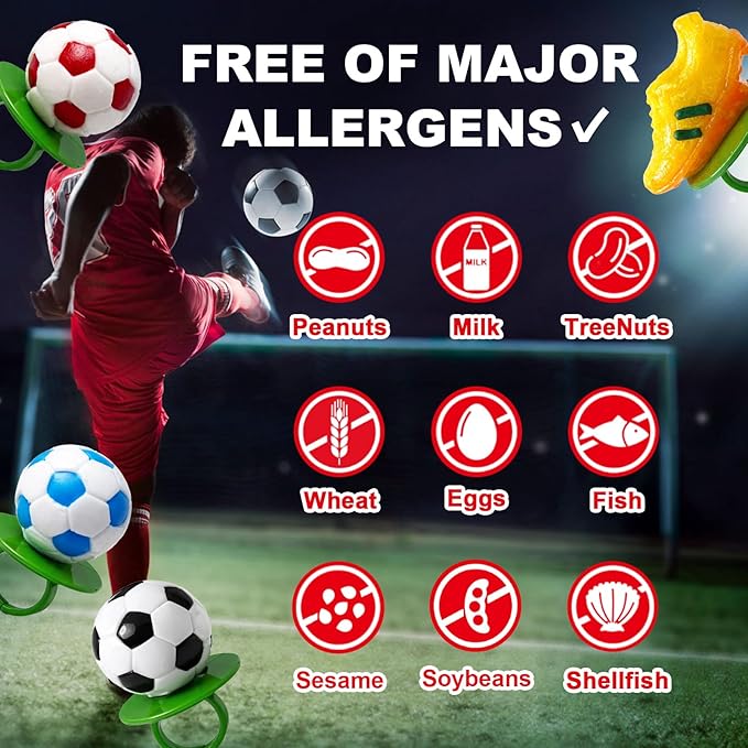 Soccer Themed 3D - Ring Lollipops 18 pk Assorted Fruit Flavors, Soccer Ball & Golden Boot Shaped Lollipop Ring Candy Suckers Individually Wrapped Bulk, Sports Candy Snacks for Party Treats Goodie Bags