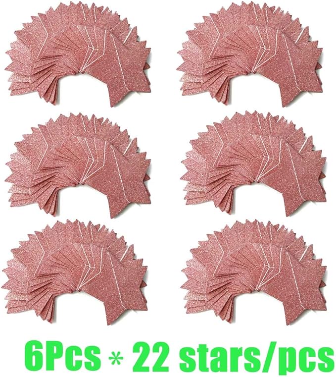 6 Pack Glitter Rose Gold Star Paper Garland Bridal Shower Wedding Bachelorette Party Birthday Party Bunting Banner Hanging Decorations Sparkling Daily Indoor or Outdoor Decorative Supplies (50 Feet)