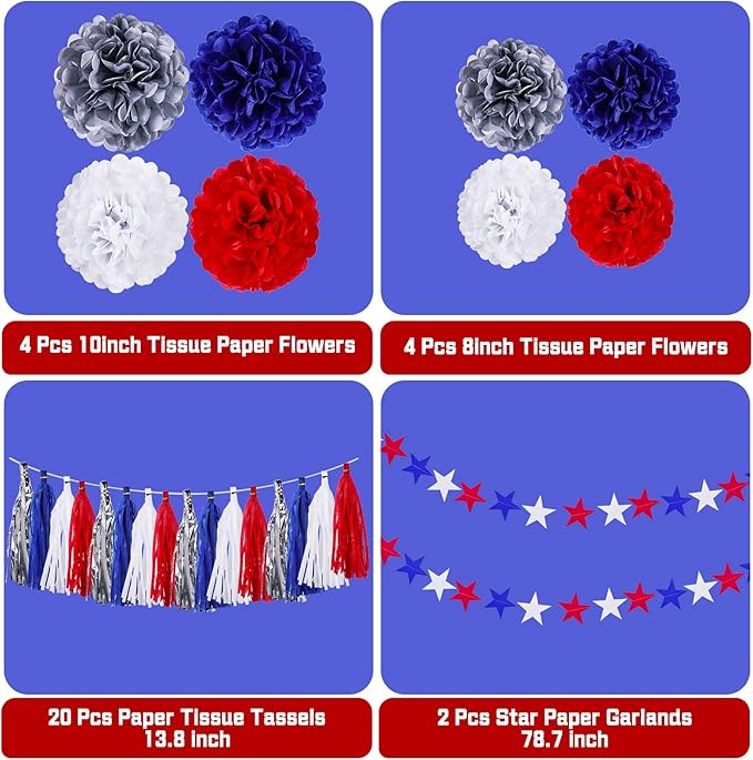 30PCS 4th of July Patriotic Party Decorations, Hanging Tissue Paper Pom Poms Flowers, Red White Blue Tassels Garland Star Streamers, Memorial Day Backdrop Independence Day Party Supplies
