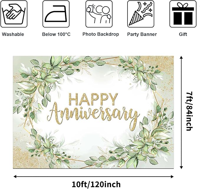 Avezano Happy Anniversary Backdrop - Sage Green Leaves Banner - Cheers to Marriage Wedding Party Decorations - Memorial Portrait Photo Booth Background (10x7ft)