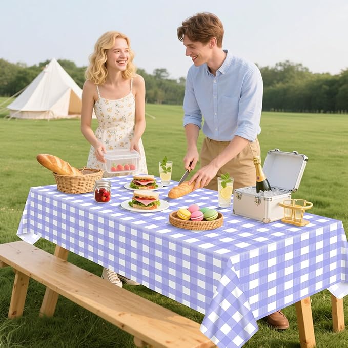 4 Pack Purple Gingham Tablecloths, Purple and White Checkered Tablecloths 86 x 51 Inches Gingham Tablecovers Rectangular Waterproof Picnic Table Covers for Birthday Party Supplies