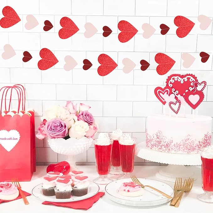 Pink Burgundy-Red Valentines-Day Party-Decorations Garland - 52Ft Proposal Special Night Galentines Heart Paper Streamers Banner,Bachelorette Bridal Shower Engagement Wedding Decor Lasting Surprise
