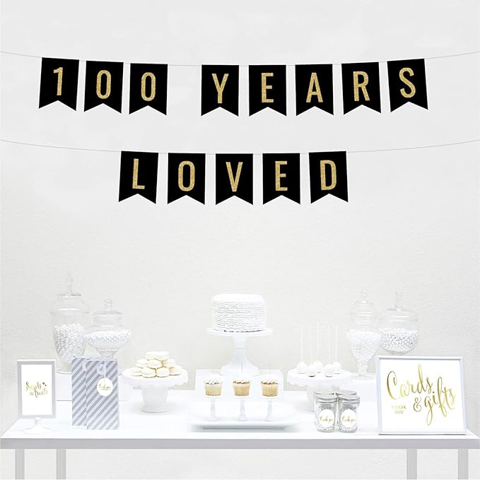 Andaz Press Faux Gold Glitter on Black Birthday Party Banner Decorations, 100 Years Loved, Approx 5-Feet, 1-Set, 100th Birthday Milestone Colored Hanging Pennant Decor