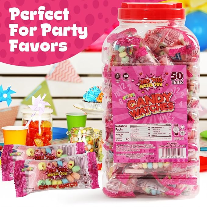 50 Candy Watches Party Favors for Kids - Bulk 50 Count of Pink Individually Wrapped Candy Bracelets with Colorful Fruit Flavor - Stretchable, Edible, Fruity Flavor Rainbow Candies for Party Favor Supplies