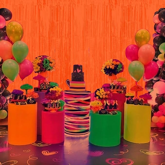 6 Pack 3.3Ft x 6.6Ft Orange Glow in The Dark Foil Fringe Curtain Backdrop Party Supplies, Fluorescent Macaron Metallic Tinsel Foil Streamers Curtain Photo Booth for Neon Birthday Party Decorations