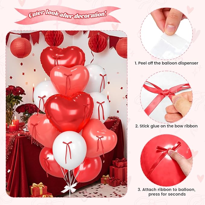 Red Heart Balloons, 38 Inch Bow Balloons, 16Pcs Red White Valentines Balloon Foil Balloon with Bow Ribbons for Birthday Wedding Bridal Baby Shower Valentines Day Decorations