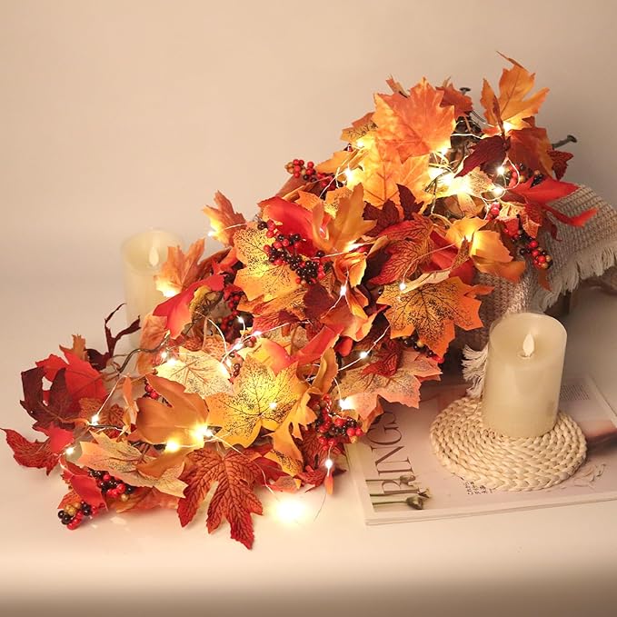 Halloween Garland Decor Indoor Table Decorations Fall Wall Hanging Artificial Black Maple Leaf Vine Decorations for Home (2 Pcs Fall Light, Set with Light)
