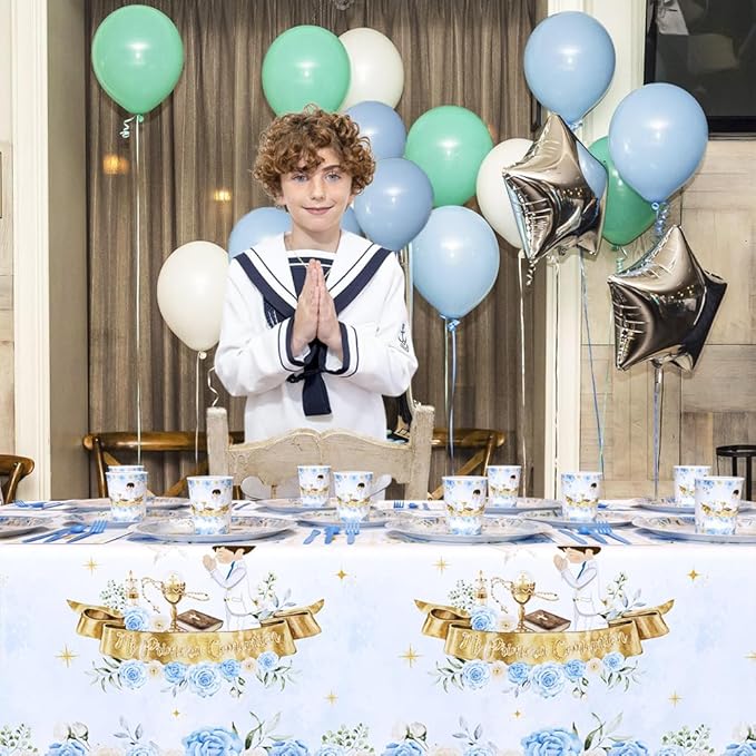 194 Pcs Mi Primera Comunion Baptism Party Decorations for Boy Blue First Holy Communion Party Supplies God Bless Disposable Tableware Set with Plates Napkins Cups Tablecloth Serves 24