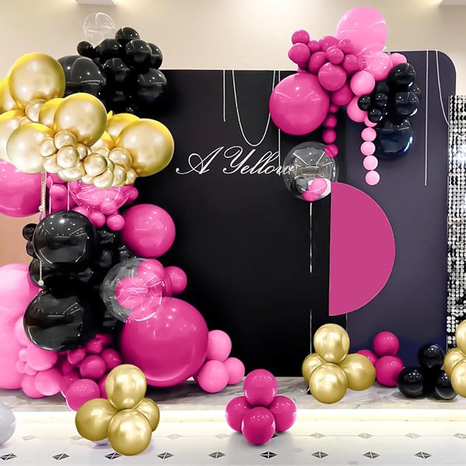 Black Red and Gold Balloon Arch Kit, 141Pcs Matte Black Hot Pink Gold Metallic Gold Confetti Balloons for Birthday Wedding Bachelorette Gender Reveal Anniversary