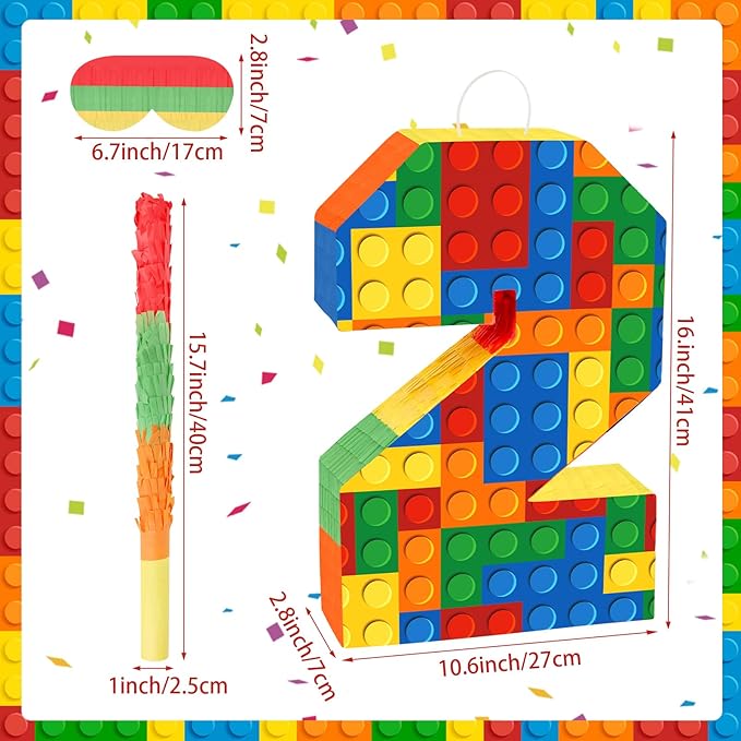 Building Blocks Number 2 Pinata with Pinata Stick & Blindfold 2th Birthday Party Decorations for Kids Happy Birthday Building Block Theme Party Supplies for Boys Girls (16 x 10.6 x 3 In)
