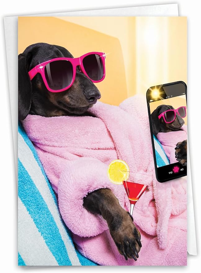 NobleWorks - Birthday Greeting Card with 5 x 7 Inch Envelope (1 Card), Fun Animal Bday Celebration - Doggy Selfie - Vacation C9512IBDG