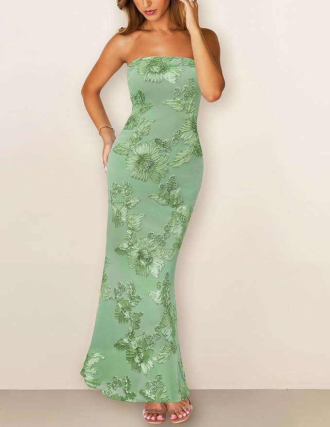 MEROKEETY Women's Floral Strapless Maxi Dress 2026 Summer Mesh Tube Bodycon Formal Wedding Guest Cocktail Party Long Dresses
