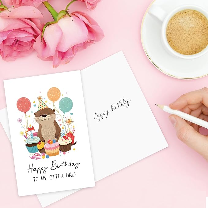 You're My Otter Half Punny Birthday Card - Cute Otter Design with Balloons & Cake | Waterproof Eco-Friendly Card for Best Friend/Family/Soulmate