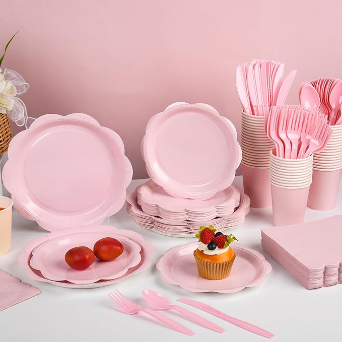 400 Pcs Pink Paper Plates and Napkins Set Party Supplies, Easter Party Tableware set for 50 Guest include Disposable Pink Scalloped Plates Napkins Knives Forks Spoons Cups for Baby Shower Wedding