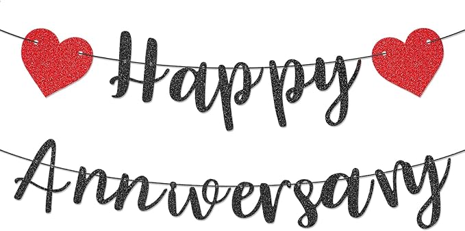 Happy Anniversary Banner, Pre-Strung Party Signs Decorations Glitter Banner for Couple Lovers Weeding Anniverniversary Party Decorations (Black)