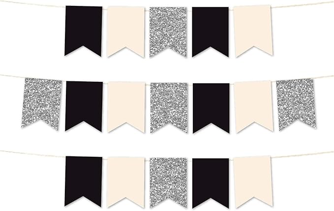 Andaz Press Hanging Pennant Banner with String, Black, Ivory, Silver Glitter, 1-Set, 24 Pennants, Approx. 12-Feet Long