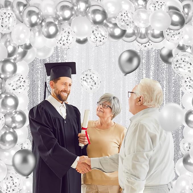137 Pcs White Silver Party Backdrop Kits - 4 Sequin Backdrop Curtain 133 Balloon Garland Kit Photo Prop Background for Graduation Wedding Anniversary Wonderland Birthday Baby Shower