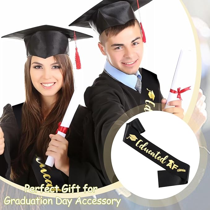 Educated AF Graduation Sash for Graduation Decorations, Black Glitter Sash with Gold Foil for Grad Gifts Party Supplies Graduation Accessories