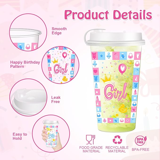 50 Pcs Gender Reveal Plastic Cups – Team Boy & Team Girl Disposable Thick Clear Plastic Drinking Cups with Lids, Gender Reveal Decorations for Baby Party, Pink and Blue Baby Shower Party Favors