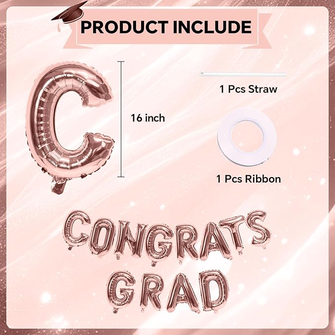 KALOR 16 Inch Rose Gold Congrats Grad Banner Balloons, Rose Gold Congrats Grad Letters Sign, Graduation Decorations 2026 for Graduation Party Decorations 2026