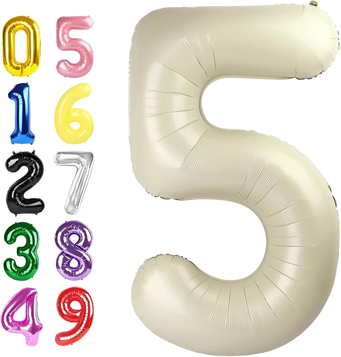 Number 5 Balloon 40 Inch, Foil Balloons for Boys And Girls, Cream Numbers Balloon for 5, 15, 25, 50 Birthday Party Decoration, Anniversary, Christmas, Thanksgiving Day