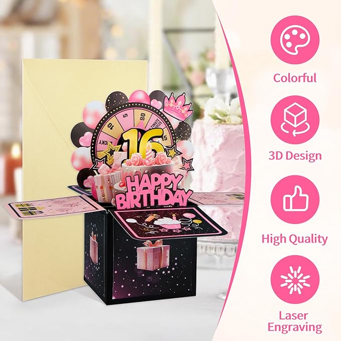 FaCraft Pop Up 16th Birthday Card - Handmade Happy Birthday Pop Up Greeting Cards Gift with Envelope and Blank Insert, Spinning Wheel Design, 16 Year Old Teens, Girls, Daughter