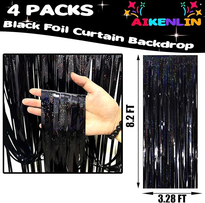 4 Pack 3.2Ft x 8.2Ft Black Foil Fringe Curtain Backdrop, Metallic Tinsel Foil Fringe Streamers Curtains Background for Photo Booth, Birthday, Wedding, Disco, Bachelorette, Christmas Party Decoration