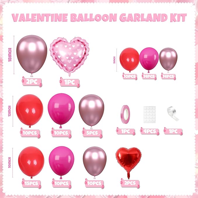 Valentines Day Balloons Arch Kit, Hot Pink Red Metallic Pink Blloons with Heart Foil Balloon for Valentines Day Decorations Wedding Engagement Anniversary Supplies