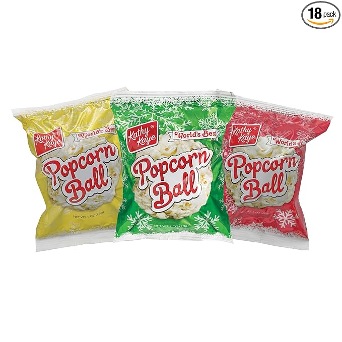 Fun Express Christmas Popcorn Ball Snack Packs - 18 Individual Bags of Sweet Holiday Treats | Perfect Stocking Stuffers, Party Favors & Goodie Bag Fillers for Kids & Adults | Festive Red & Green