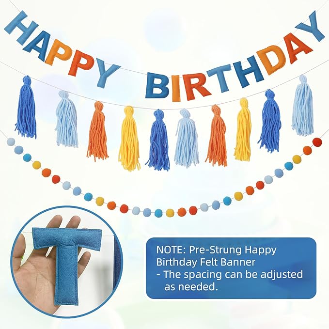 Pre-Strung Happy Birthday Banner Blue and Orange Party Decorations Felt Ball Garland Sign for Blue Dog Birthday Party Décor