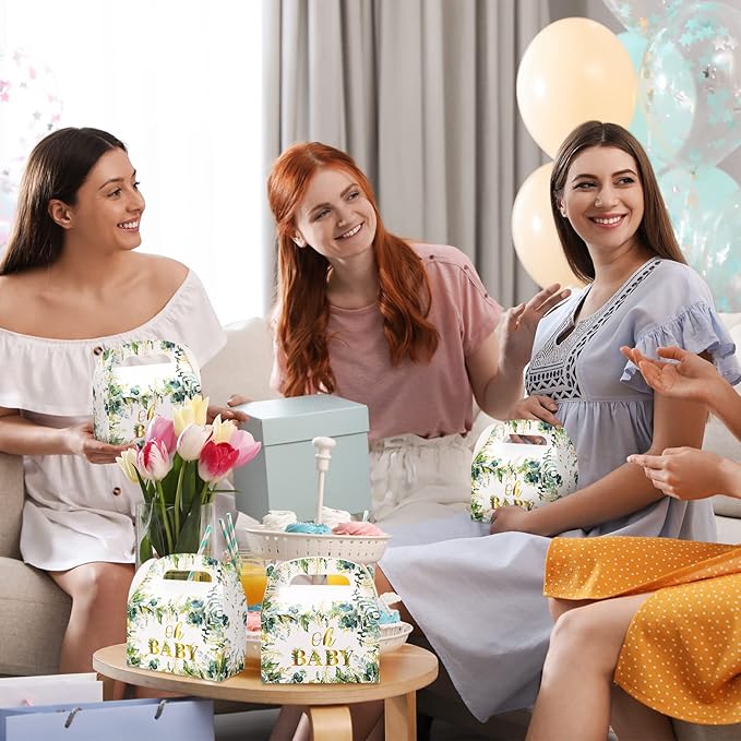 Nezyo 24 Pcs Baby Shower Party Favor Boxes Sage Green Goodie Bags for Guests, Baby Shower Paper Boxes with Eucalyptus Leaves for Gender Reveal Return Guest Gifts, 4.7 x 2.4 x 5.1 Inch