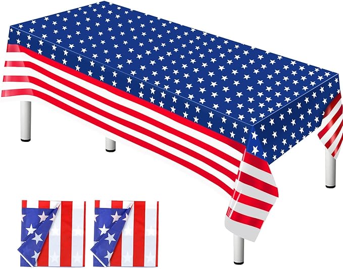4th of July Tablecloth, 2 Pcs Fourth of July Patriotic Tablecloth, 54 X 108 Inch Disposable Plastic Waterproof Table Cover for Veterans Day Election Day Independence Day Party Decorations