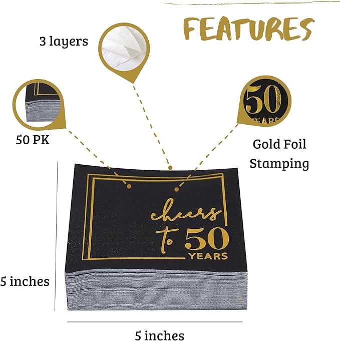 Cheers to Years Cocktail Napkins - 50 PK - 3-Ply Birthday Napkins 5x5 Inches Disposable Party Napkins Beverage Paper Napkins or Birthday Decorations Wedding Anniversary Black and Gold (50 Years)