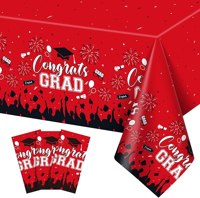 3 Pack Plastic Graduation Tablecloth, Graduation Decorations Class of 2026 Disposable Rectangle Red and Black Table Cover, 2026 Gongrats Grad Table Cloths for Graduation Party Decorations, 54x108
